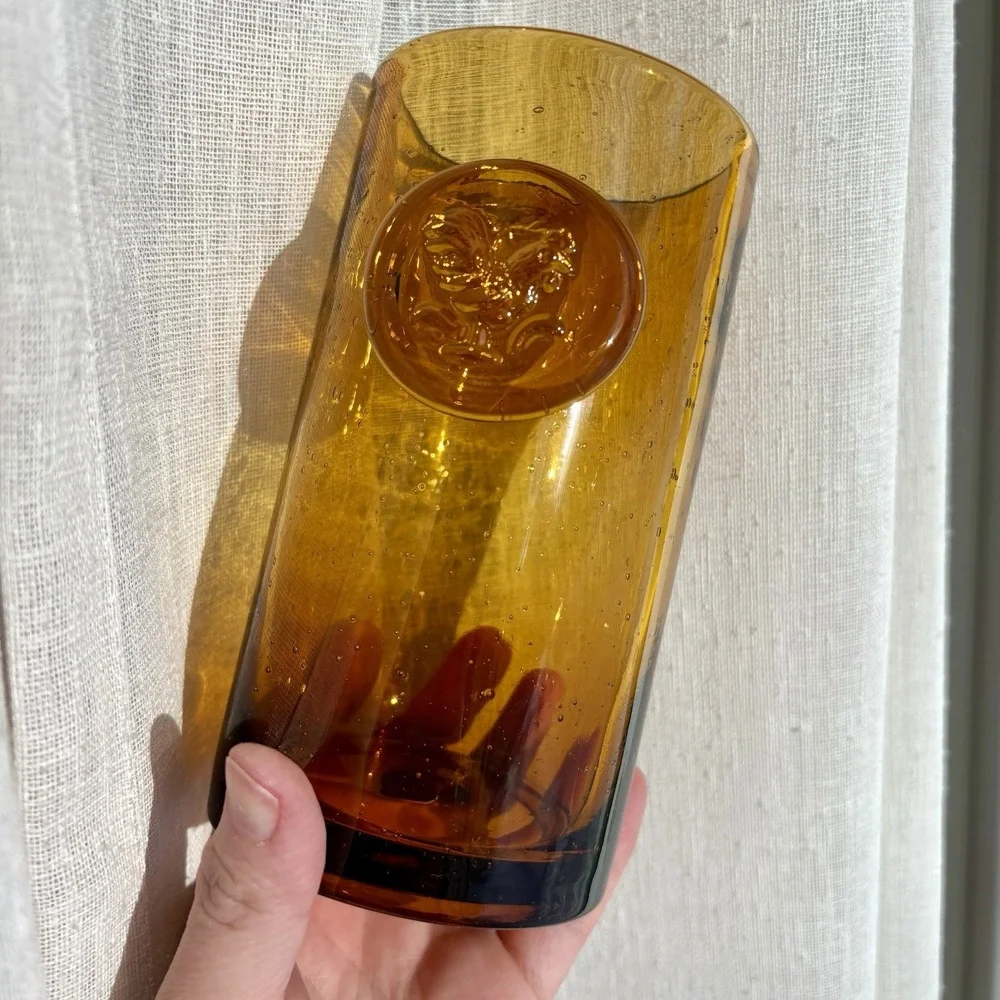 Vintage Pier‎ 1 hand blown amber glass rooster tumbler farmhouse set of 4